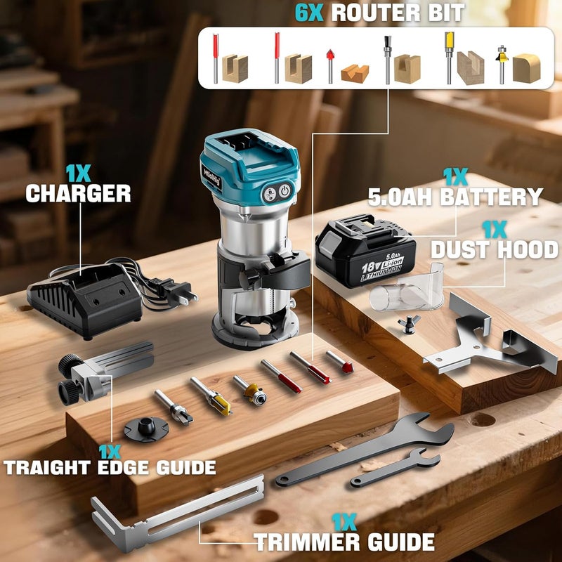 MtiolHig Cordless Compact Router Compatible with Makita 18V Battery, With 1 x 5.0Ah Rechargeable Battery, 6 Pcs Router Bits for Woodworking, 6 Variable Speeds Router With Trim Bits - Image 3
